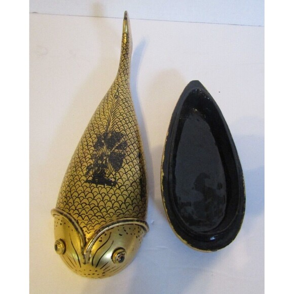 Fish Trinket Box Vintage Gold Leafed Burmese Lacquerware - Picture 8 of 9